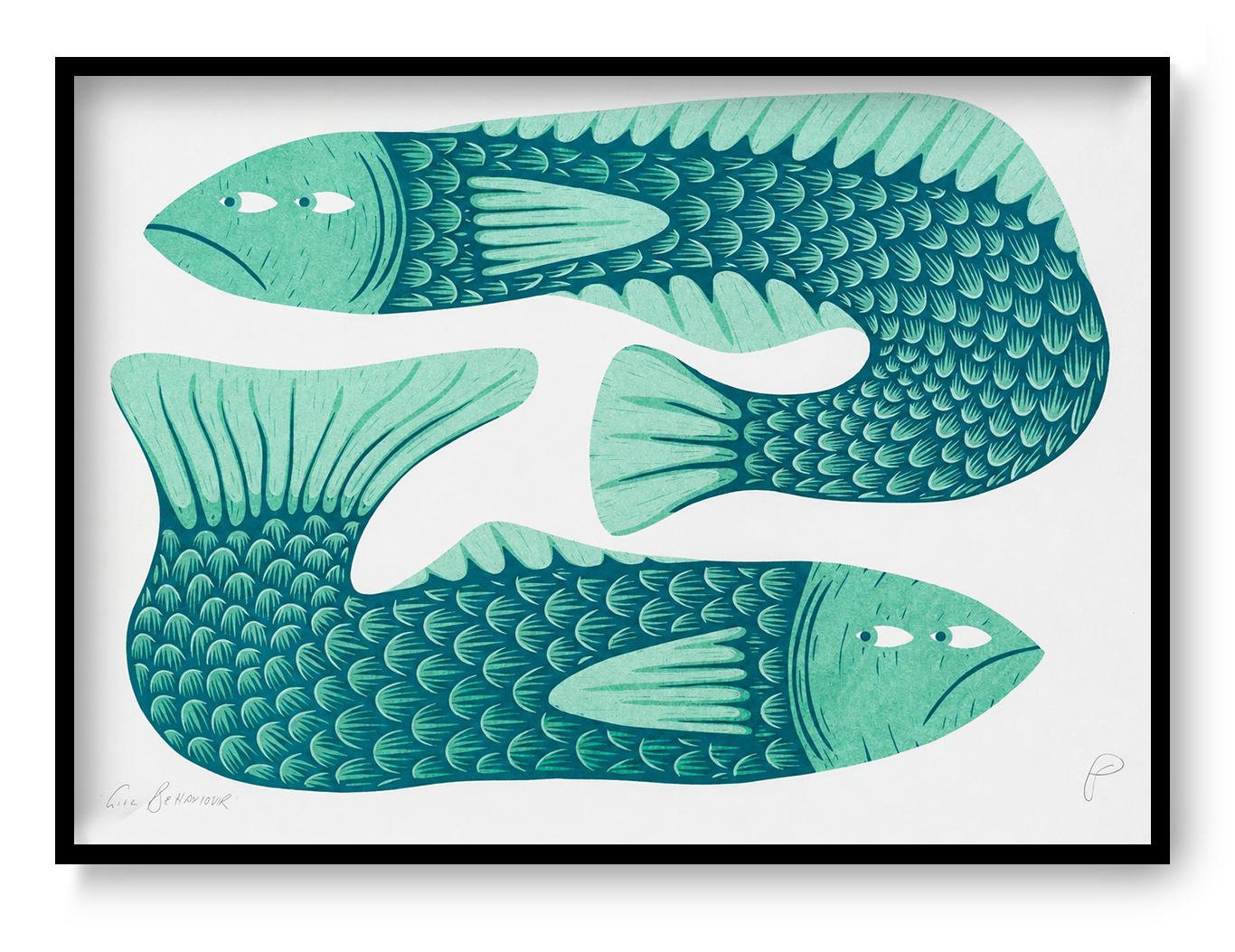 Gill Behaviour by Strangford, horizontal risograph print featuring two stylised teal and dark blue fish with patterned scales, playful expressions and bold graphic shapes for colourful wall decor.