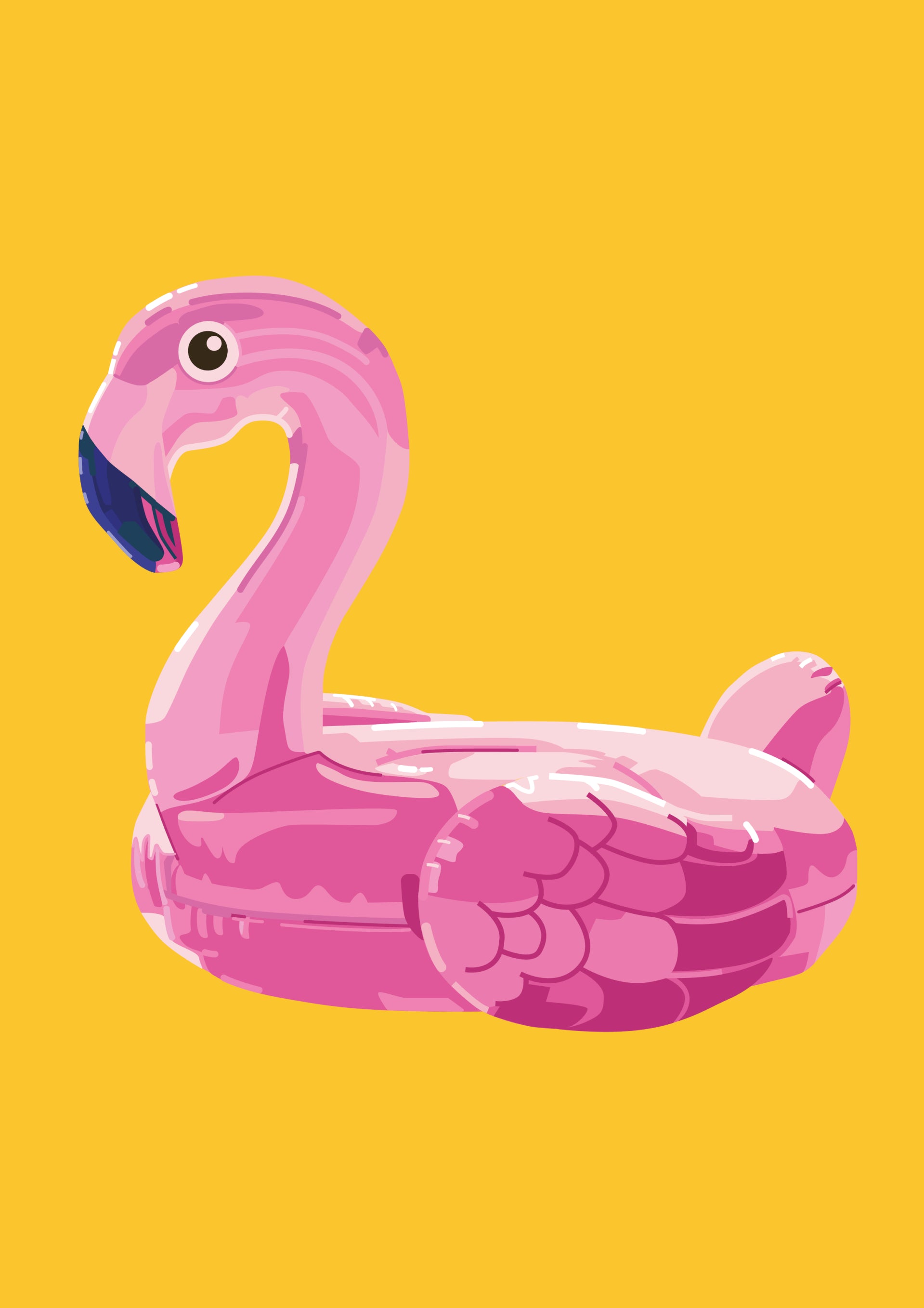 Colourful vertical digital illustration of a pink flamingo pool float on a bright yellow background, playful contemporary wall art for bedrooms, kitchens, nurseries, or creative interiors.