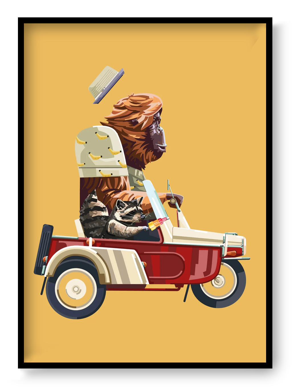 Playful illustration print of a monkey driving a small red car with a raccoon passenger, modern graphic art by Floor 4 Productions, printed on premium matte paper.