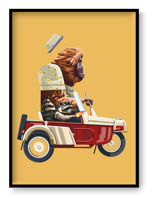 Playful illustration print of a monkey driving a small red car with a raccoon passenger, modern graphic art by Floor 4 Productions, printed on premium matte paper.