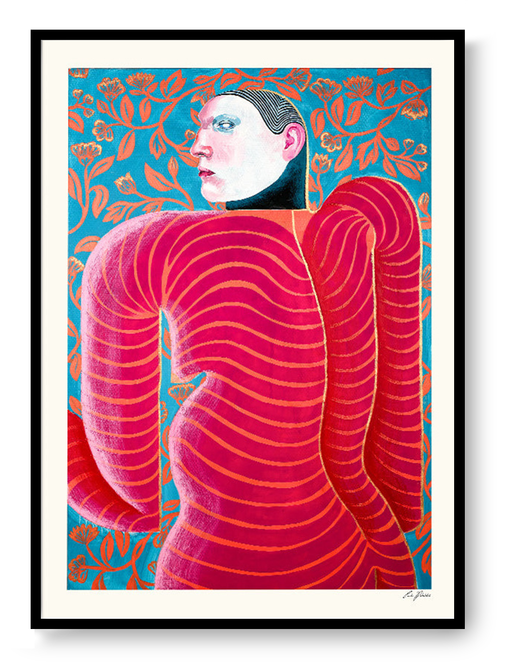 Goddess Of Flirting by Carla Petelski, contemporary figurative digital art print featuring a surreal pink striped female figure against a blue floral background, modern colourful wall art, 50 x 70 cm