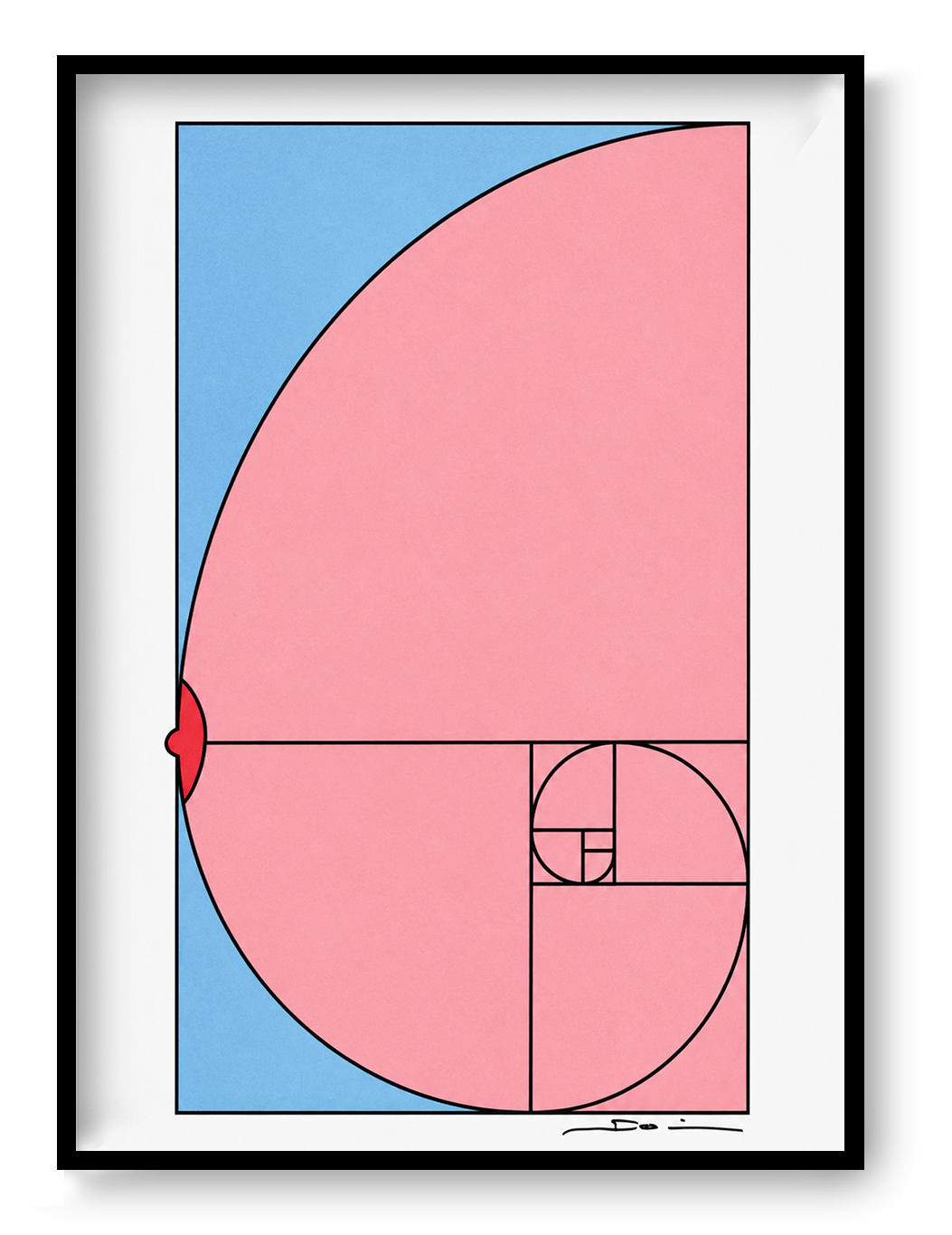 Minimalist digital art print featuring the golden ratio spiral transformed into a playful nude illustration in soft pink and blue tones. Contemporary geometric wall art in portrait orientation for modern home decor.