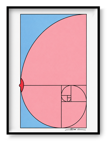 Minimalist digital art print featuring the golden ratio spiral transformed into a playful nude illustration in soft pink and blue tones. Contemporary geometric wall art in portrait orientation for modern home decor.