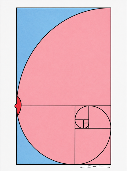 Minimalist digital art print featuring the golden ratio spiral transformed into a playful nude illustration in soft pink and blue tones. Contemporary geometric wall art in portrait orientation for modern home decor.