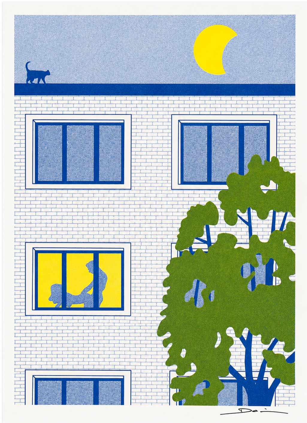 A3 risograph print of a modern apartment building at night with a bright yellow moon, rooftop cat, glowing window and playful silhouette scene, printed in bold blue, green and yellow tones. Contemporary humorous wall art for modern interiors.