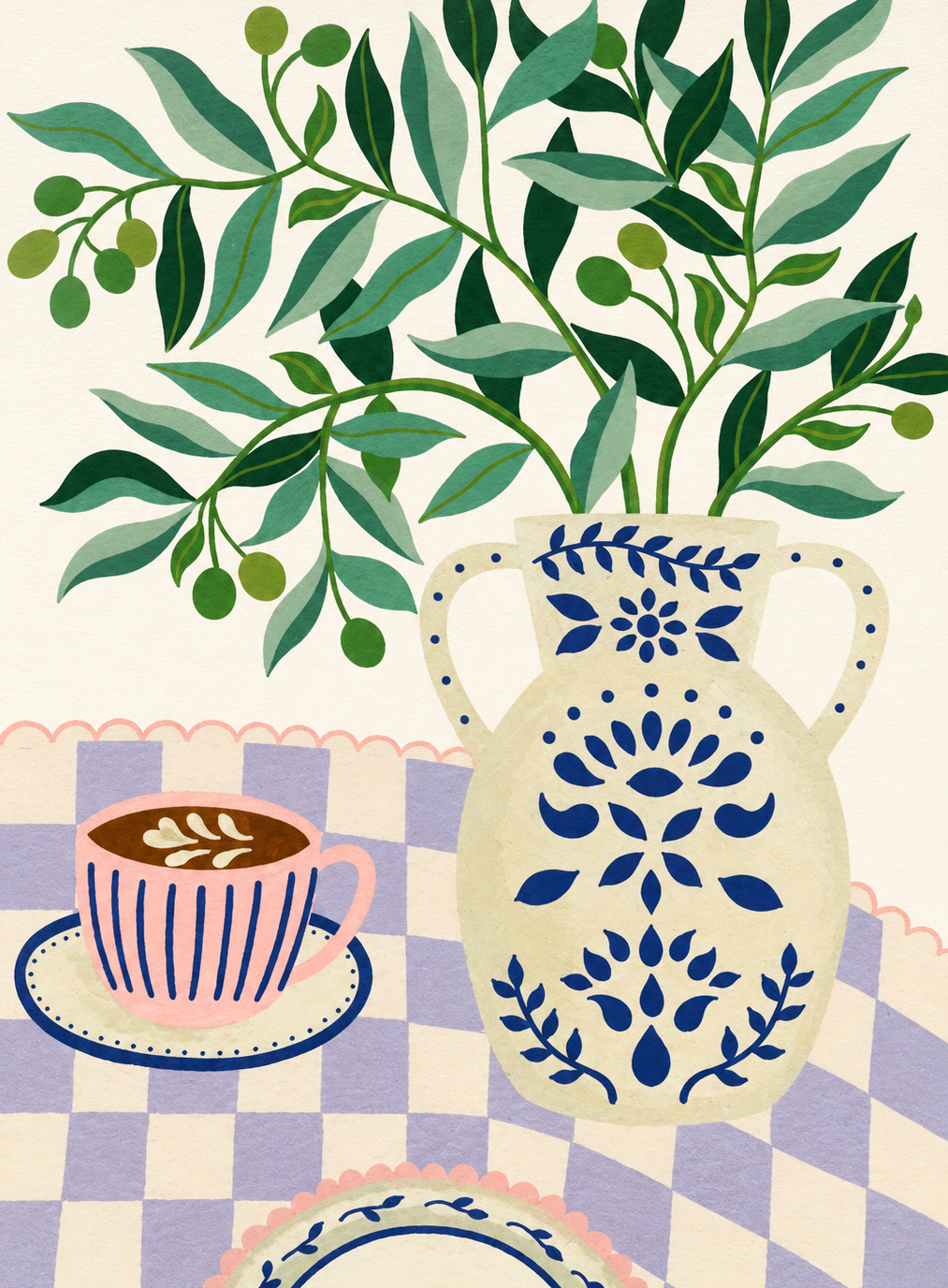 Greek Patio by Leens, colorful Mediterranean-inspired digital art print featuring olive branches in a decorative blue ceramic vase beside a pink coffee cup on a lilac checkered tablecloth, botanical wall art for cozy kitchens and modern interiors.