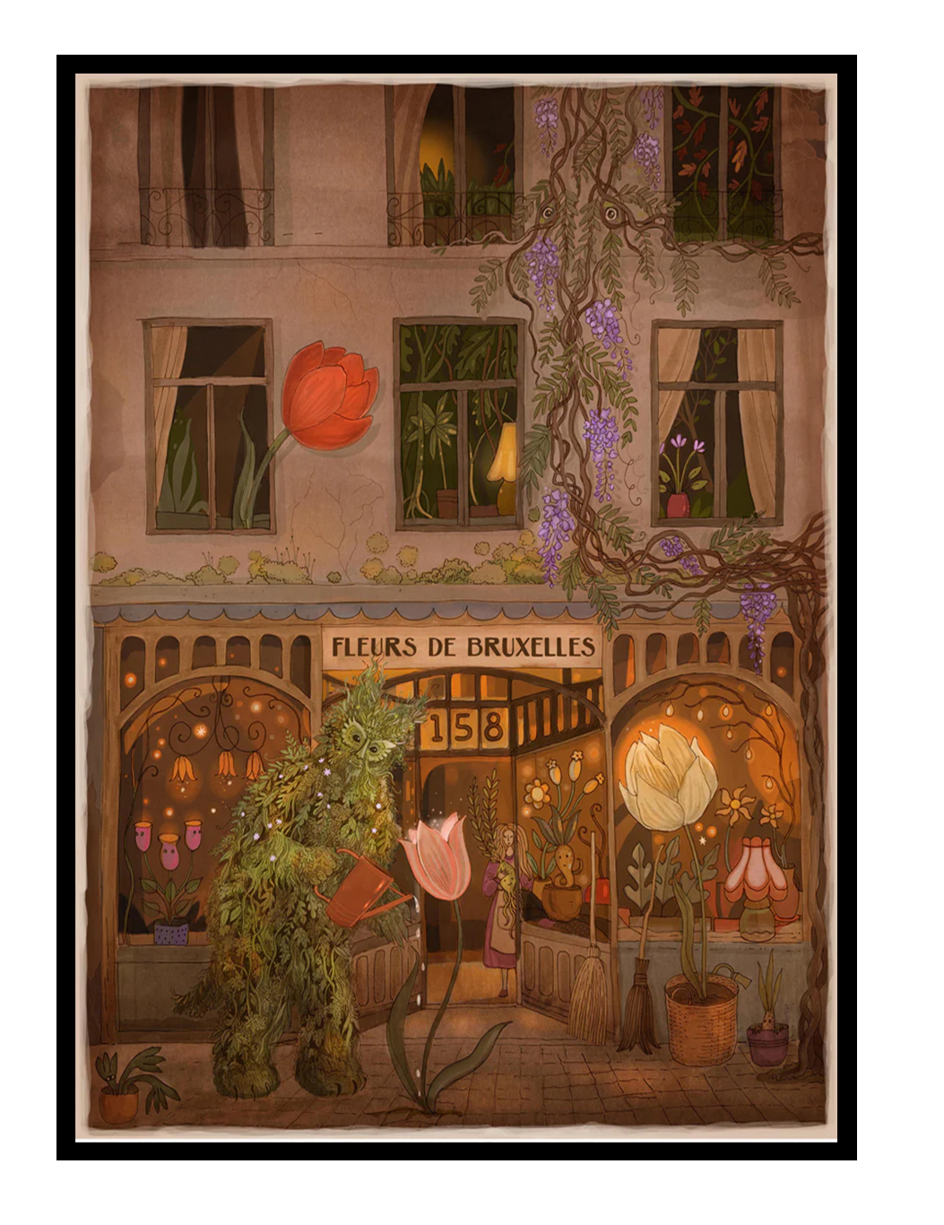 Whimsical Green Man in Brussels illustration by Lena Yampolski featuring a flower shop, oversized tulips, glowing windows, and climbing wisteria in warm earthy tones, vertical giclée art print ideal for living room, hallway, or reading nook decor.