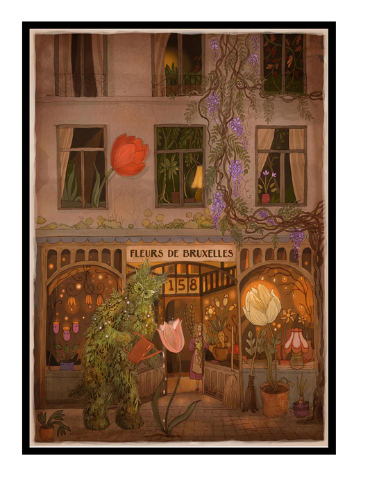 Whimsical Green Man in Brussels illustration by Lena Yampolski featuring a flower shop, oversized tulips, glowing windows, and climbing wisteria in warm earthy tones, vertical giclée art print ideal for living room, hallway, or reading nook decor.