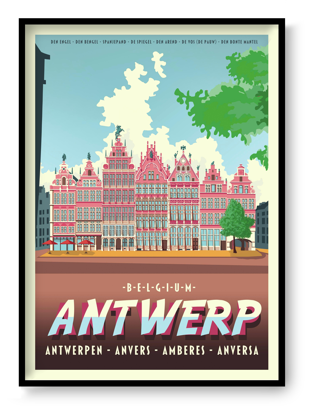 Large architectural digital art print of Antwerp Grote Markt, featuring Renaissance guildhalls, historic façades, and bold graphic colors by Belgian illustrator Gert Paenen.