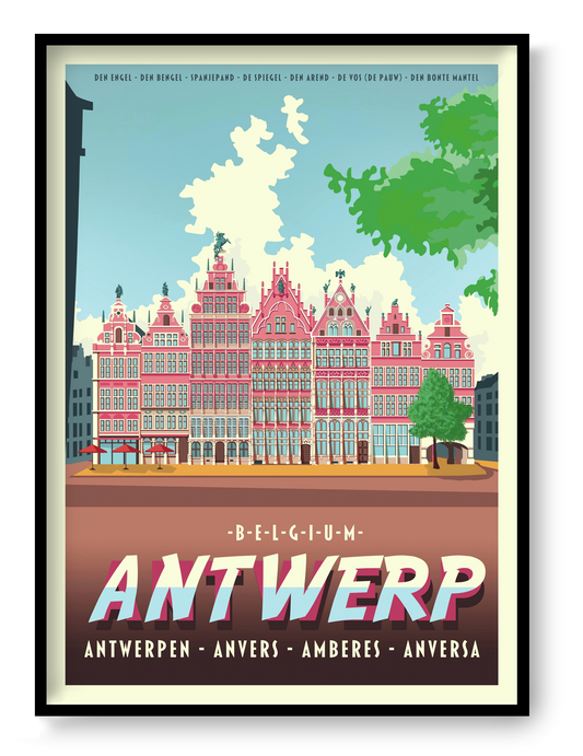 Large architectural digital art print of Antwerp Grote Markt, featuring Renaissance guildhalls, historic façades, and bold graphic colors by Belgian illustrator Gert Paenen.