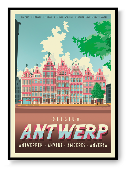 Large architectural digital art print of Antwerp Grote Markt, featuring Renaissance guildhalls, historic façades, and bold graphic colors by Belgian illustrator Gert Paenen.