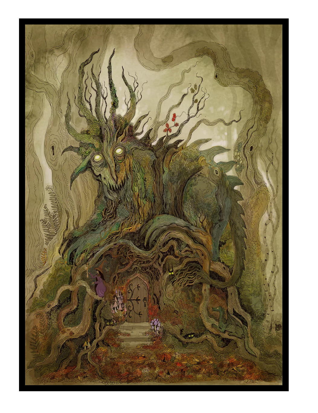 Detailed fantasy giclée art print featuring an ancient tree spirit with glowing eyes guarding a hidden woodland dwelling, surrounded by twisted roots, forest creatures, and magical details in earthy green and brown tones, vertical wall art for fantasy-inspired home decor.