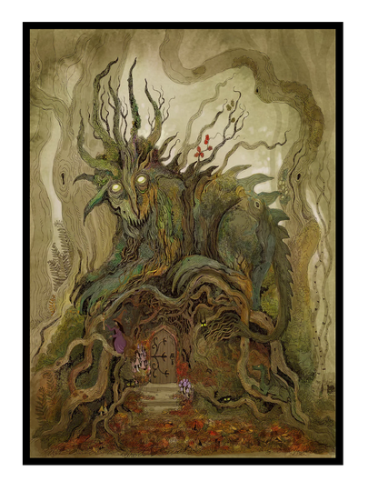 Detailed fantasy giclée art print featuring an ancient tree spirit with glowing eyes guarding a hidden woodland dwelling, surrounded by twisted roots, forest creatures, and magical details in earthy green and brown tones, vertical wall art for fantasy-inspired home decor.