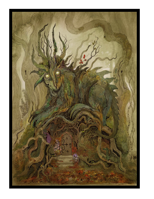 Detailed fantasy giclée art print featuring an ancient tree spirit with glowing eyes guarding a hidden woodland dwelling, surrounded by twisted roots, forest creatures, and magical details in earthy green and brown tones, vertical wall art for fantasy-inspired home decor.