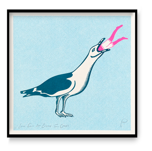 Square risograph print by Strangford showing an oversized teal and cream seagull swallowing a tiny pink swimmer against a pale blue dotted background, playful contemporary wall art for eclectic interiors.
