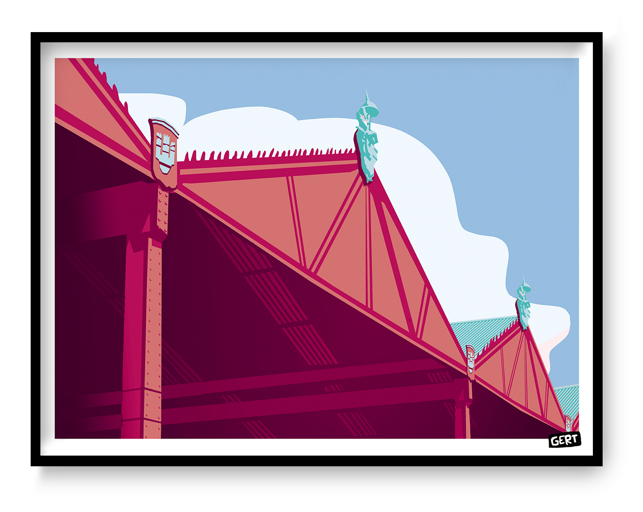 Hangars by Gert Paenen, colorful architectural art print featuring the iconic Scheldekaaien hangars in Antwerp, Belgium. Contemporary graphic illustration with bold geometric structures, vibrant pink and blue tones, urban architecture, and modern cityscape design.