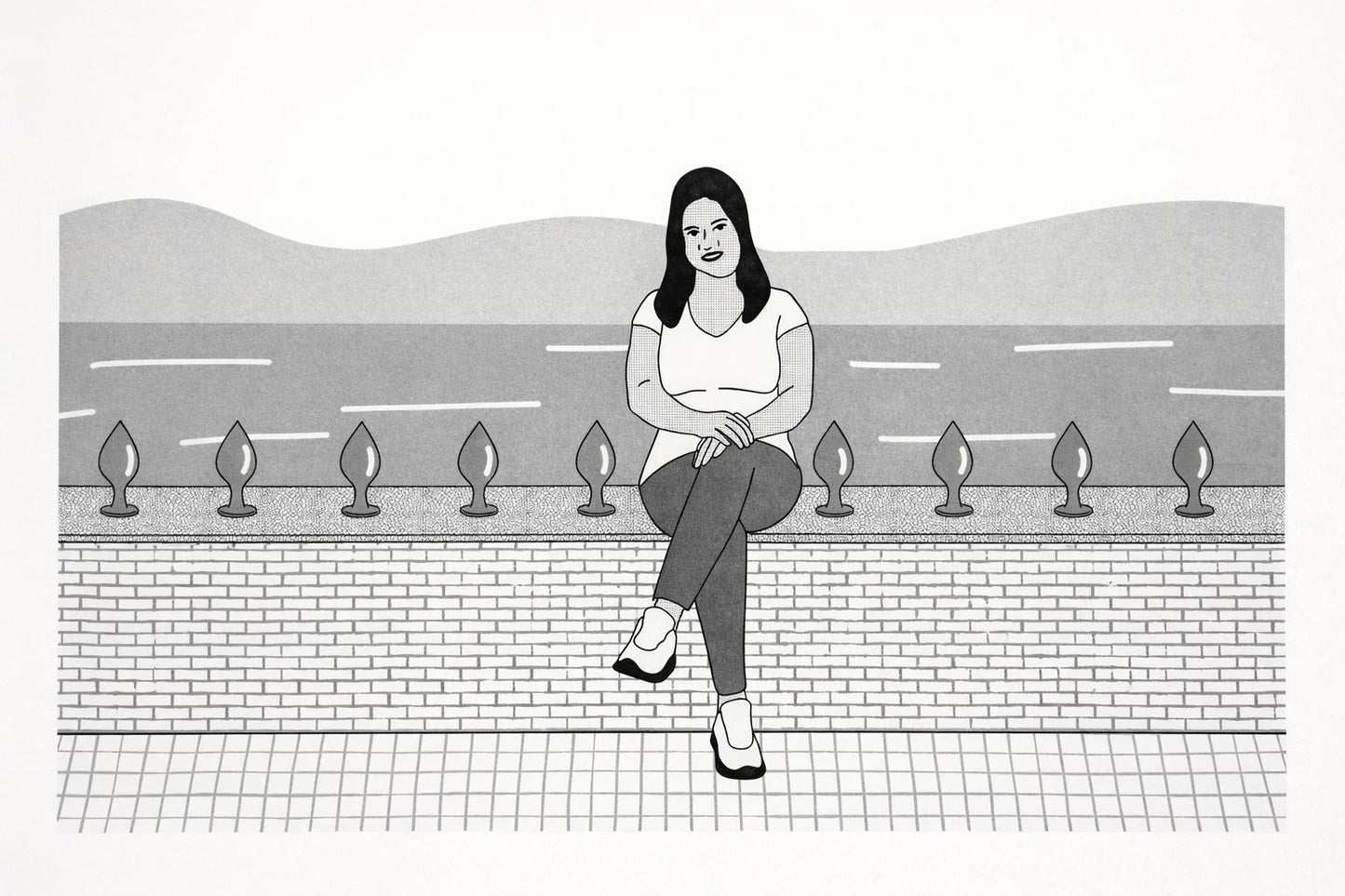 Risograph art print titled “Happy” by Studio Stoutpoep, A2 contemporary monochrome illustration featuring a seated woman in a graphic minimalist style, printed with eco-friendly soy-based inks, modern statement wall art for design interiors.