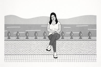 Risograph art print titled “Happy” by Studio Stoutpoep, A2 contemporary monochrome illustration featuring a seated woman in a graphic minimalist style, printed with eco-friendly soy-based inks, modern statement wall art for design interiors.