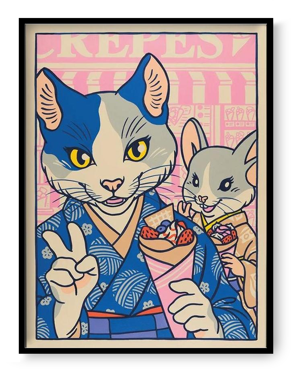Playful pop-style illustration by Yeaaah! Studio featuring a stylish anthropomorphic cat and mouse in traditional Japanese kimonos, enjoying crepes and posing for a selfie in a colorful Harajuku street scene. A vibrant fusion of kawaii culture and retro comic art—perfect for fans of Japan-inspired, quirky wall decor
