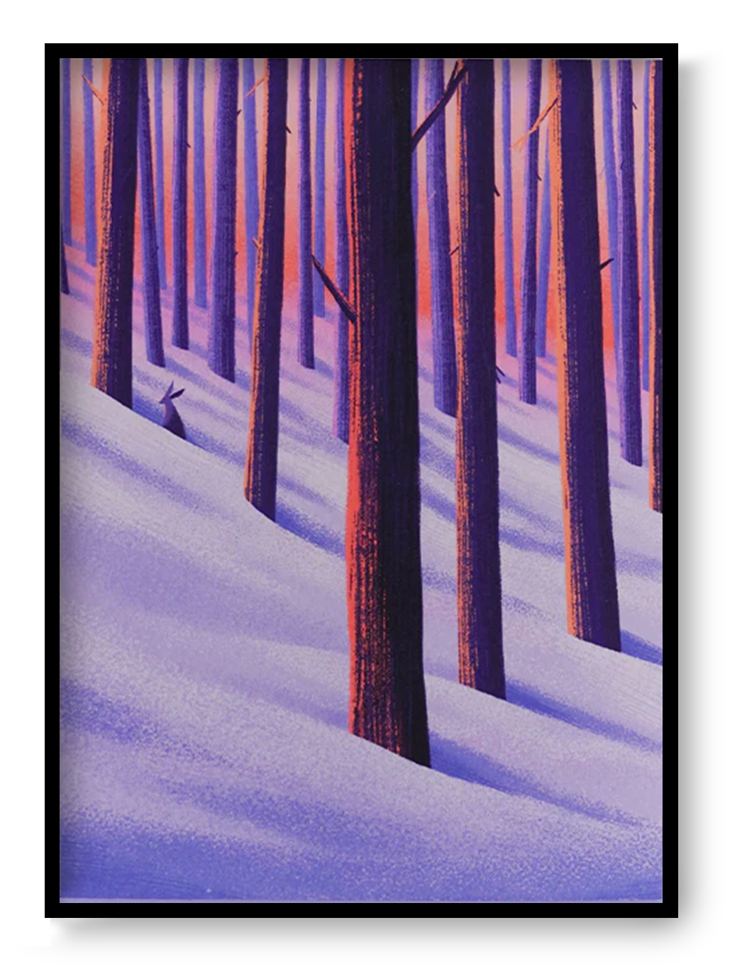 Vertical giclée art print of a small hare in a snowy forest, illustrated in purple, violet and warm orange tones, ideal as calming wall art for bedrooms, nurseries and reading corners.