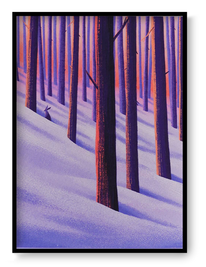 Vertical giclée art print of a small hare in a snowy forest, illustrated in purple, violet and warm orange tones, ideal as calming wall art for bedrooms, nurseries and reading corners.