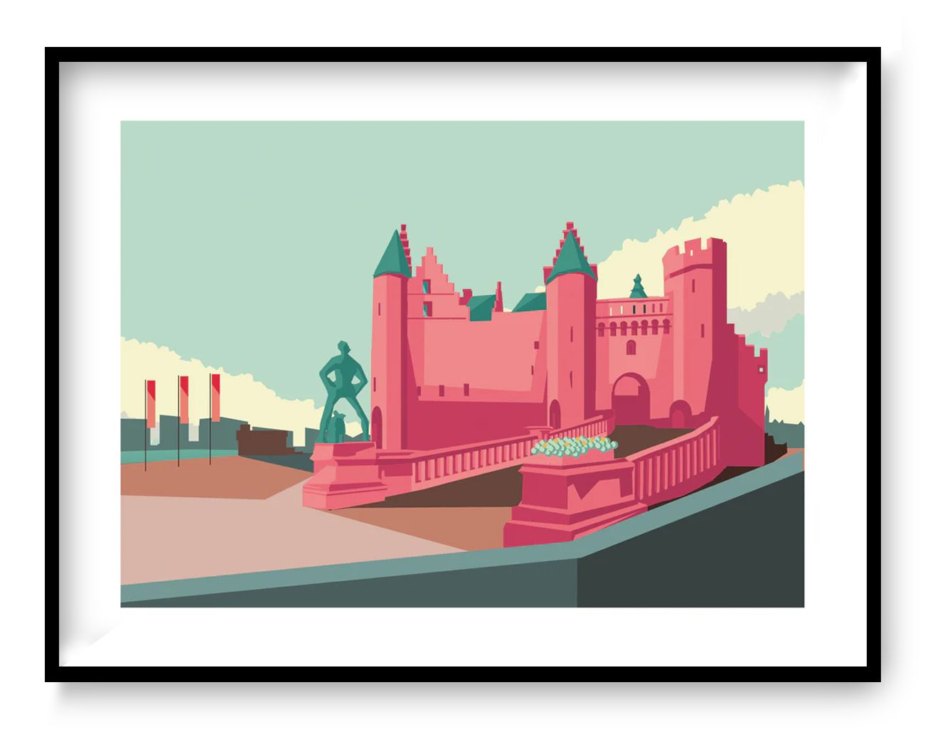 Het Steen Antwerp art print by Studio Frits, modern architectural illustration of Antwerp landmark in bold pink tones, Belgian city wall art