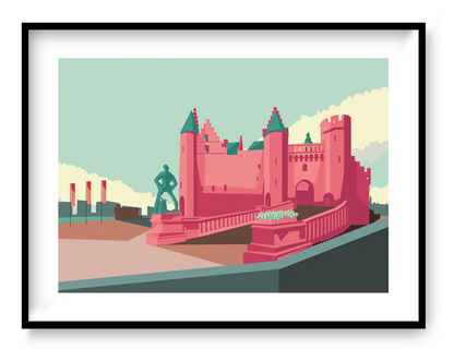 Het Steen Antwerp art print by Studio Frits, modern architectural illustration of Antwerp landmark in bold pink tones, Belgian city wall art