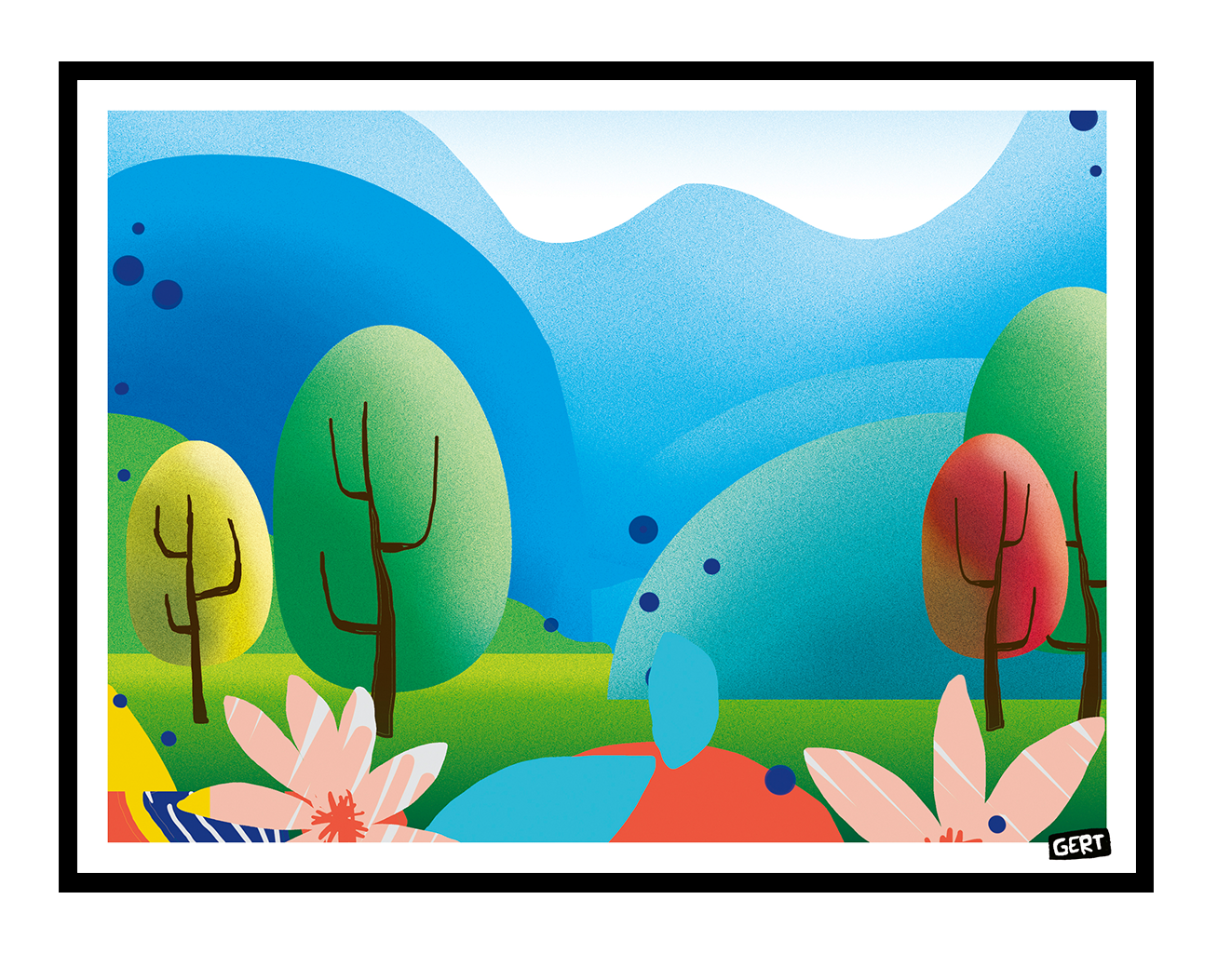 Hills by Gert Paenen, colourful landscape digital art print featuring rolling blue hills, stylised trees, flowers, and vibrant geometric shapes, contemporary wall art for modern home decor.