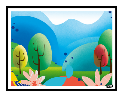 Hills by Gert Paenen, colourful landscape digital art print featuring rolling blue hills, stylised trees, flowers, and vibrant geometric shapes, contemporary wall art for modern home decor.