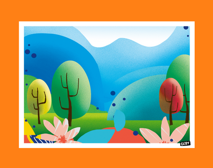 Hills by Gert Paenen, colourful landscape digital art print featuring rolling blue hills, stylised trees, flowers, and vibrant geometric shapes, contemporary wall art for modern home decor.