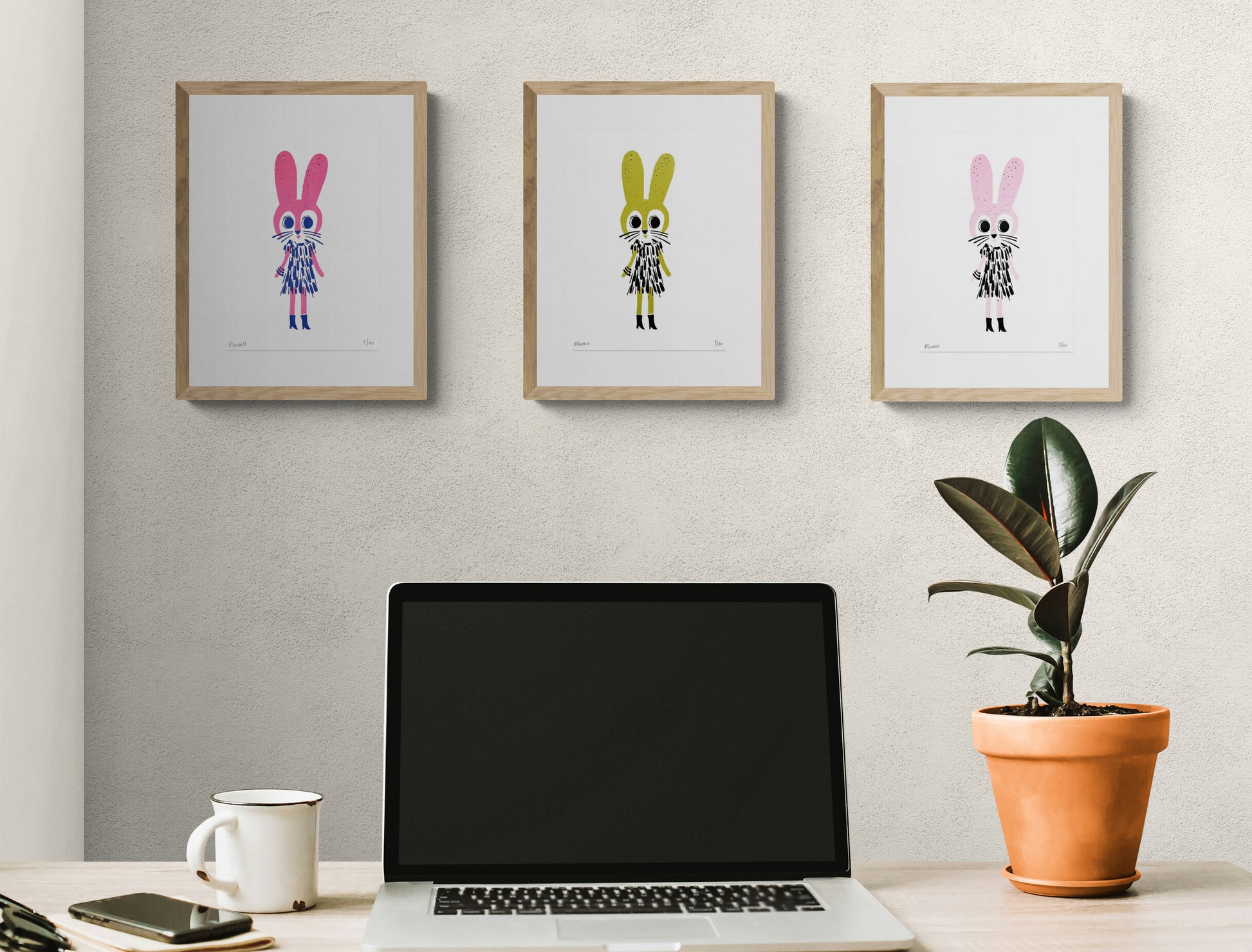 Plumo “Fancy Rabbit” A5 hand-pulled screenprint art print in fuchsia, golden and pink big-eyed rabbit character in black patterned dress and boots on white background, limited edition Belgian wall art for kids room or modern interior.
