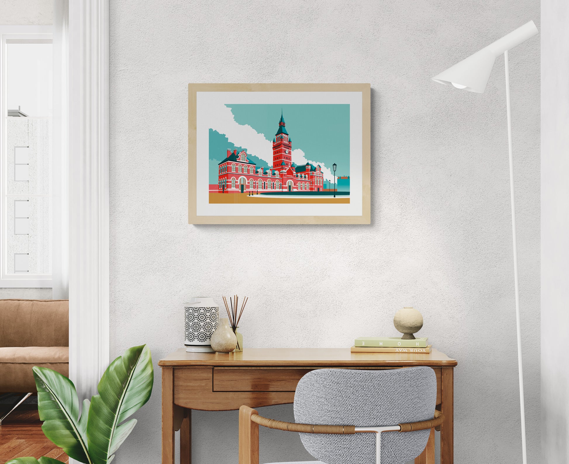 Graphic architectural illustration of historic Antwerpen Zuidstation railway station in Antwerp by Studio Frits, bold red building with tower in minimalist retro style.