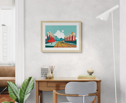 Graphic illustration of the historic Olifantenbrug bridge in Antwerp with elephant sculptures and tram tracks, architectural artwork by Studio Frits.