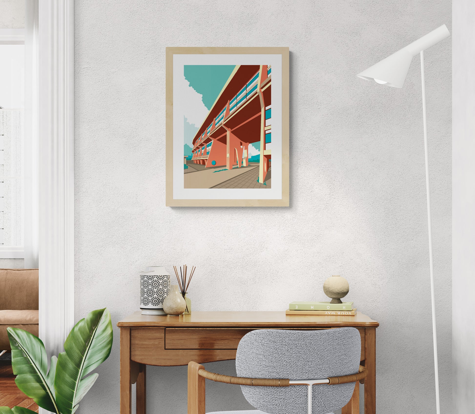 Graphic architectural illustration of Arenawijk Deurne social housing complex in Antwerp designed by modernist architect Renaat Braem in the 1960s, bold geometric building artwork by Studio Frits