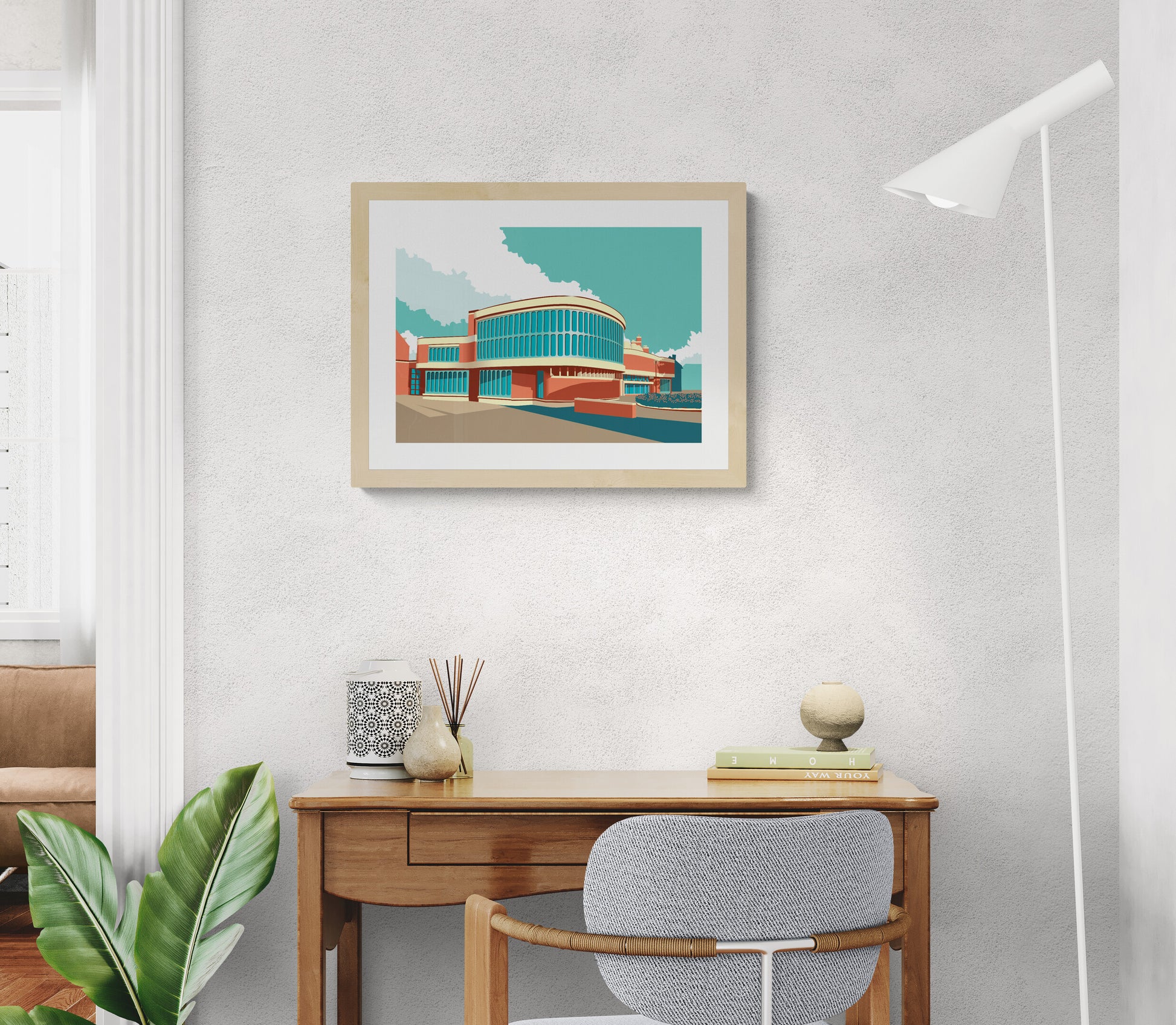 Graphic architectural illustration of the modernist Bibliotheek Schoten designed by Renaat Braem in 1974, iconic Belgian library building depicted in bold geometric style by Studio Frits.