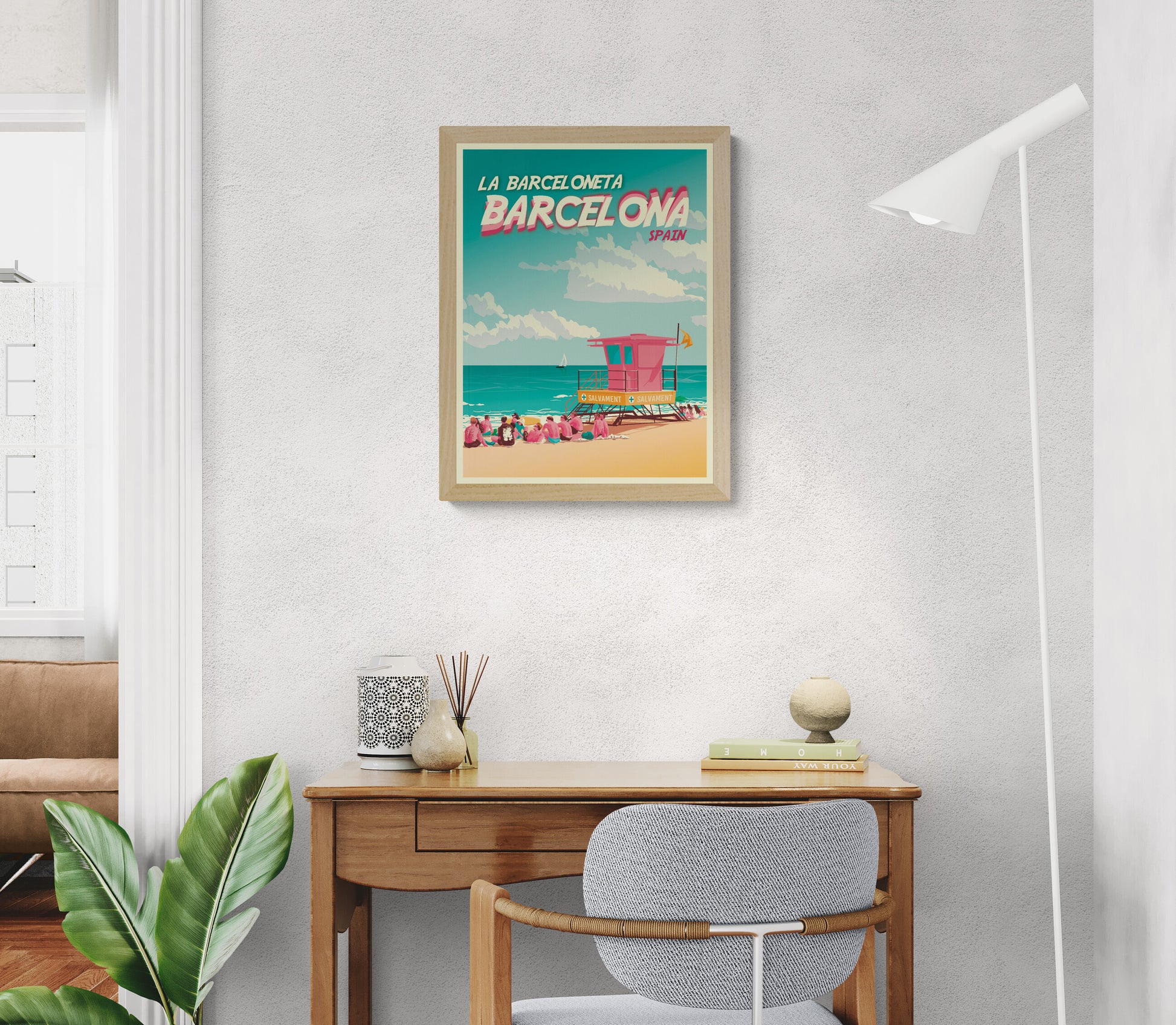 Barcelona La Barceloneta travel poster by Studio Frits featuring beach scene with lifeguard tower, people relaxing on the sand, and Mediterranean sea in retro summer style
