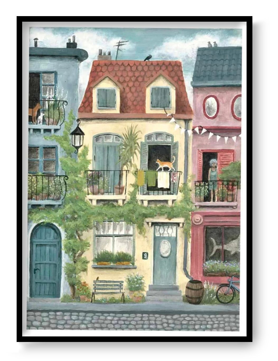 Cozy illustration of colorful European houses with balconies and everyday details, art print by Stien van Kerckhoven.