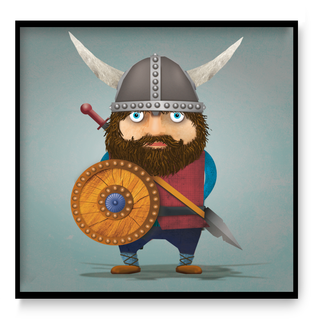 30x30 cm art print of a playful cartoon viking character by Belgian illustrator Gert Paenen, colorful illustration for kids room or creative interior.