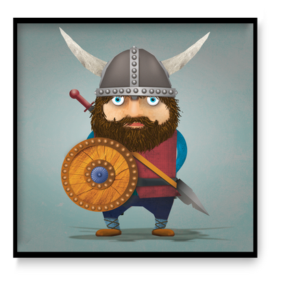 30x30 cm art print of a playful cartoon viking character by Belgian illustrator Gert Paenen, colorful illustration for kids room or creative interior.