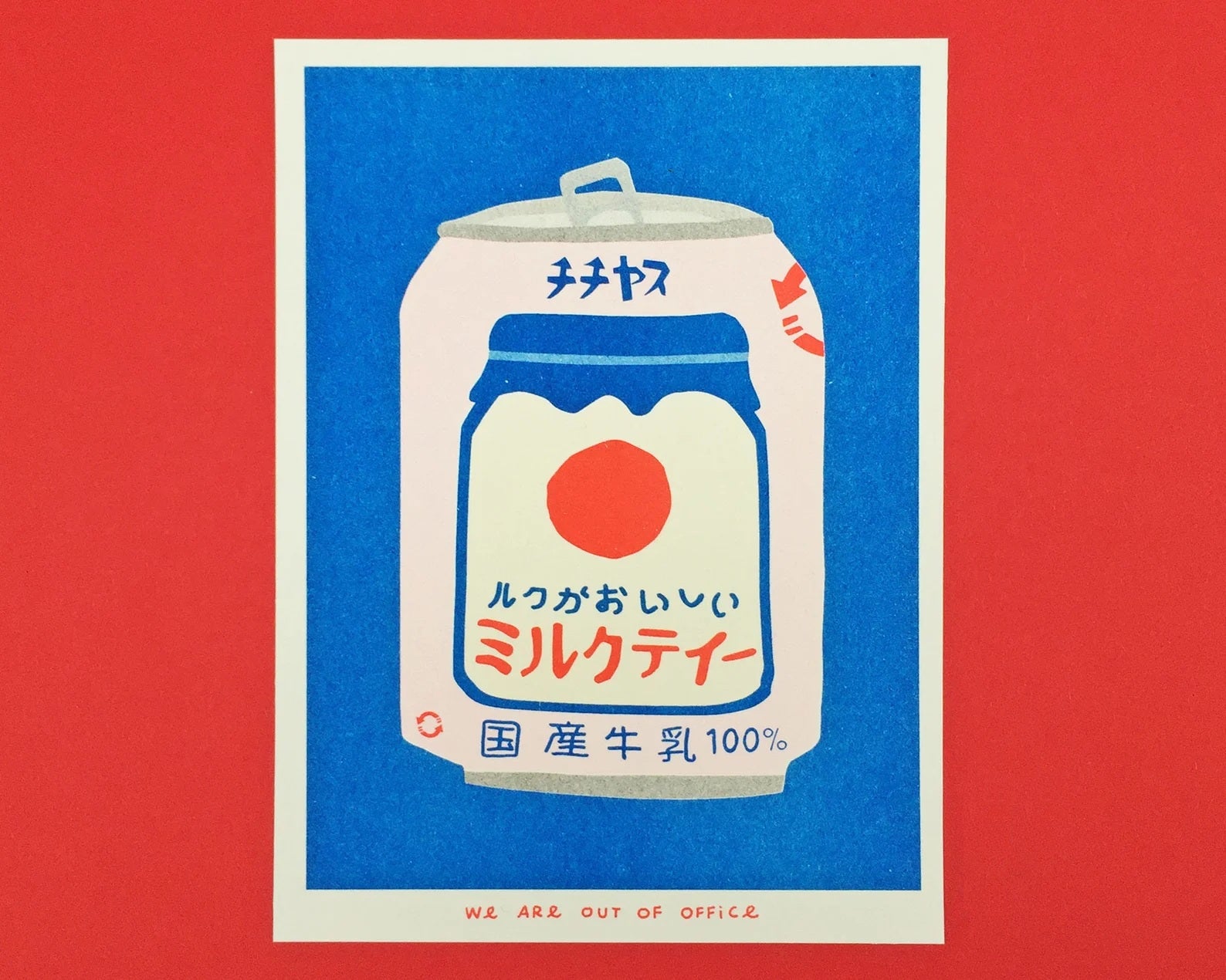 Japanese Can of Milky Tea risograph print by We Are Out of Office – bold and colorful pop-art illustration of retro Japanese drink can in blue, red, and cream tones, printed with soy ink on 300g Biotop paper.