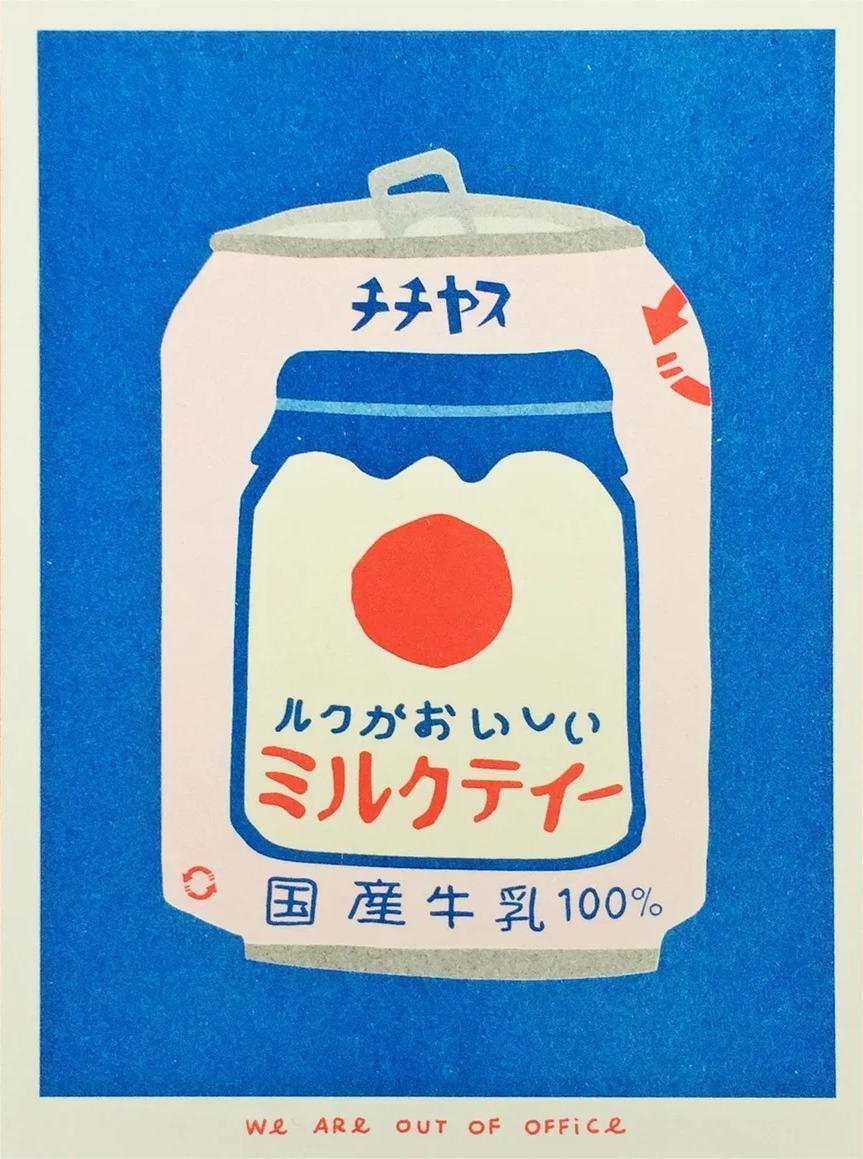 Japanese Can of Milky Tea risograph print by We Are Out of Office – bold and colorful pop-art illustration of retro Japanese drink can in blue, red, and cream tones, printed with soy ink on 300g Biotop paper.