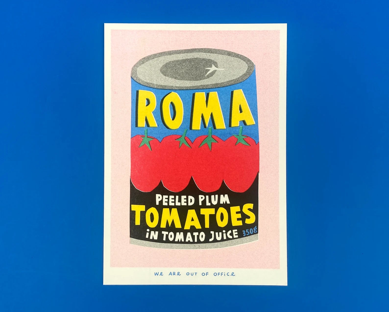 Risograph art print of a colorful Roma plum tomato can by We Are Out Of Office, printed with soy ink on 300g Biotop paper – quirky pop art kitchen wall decor in red, blue, and yellow, ideal for food lovers and design enthusiasts.