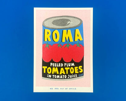 Risograph art print of a colorful Roma plum tomato can by We Are Out Of Office, printed with soy ink on 300g Biotop paper – quirky pop art kitchen wall decor in red, blue, and yellow, ideal for food lovers and design enthusiasts.
