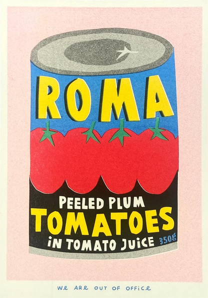 Risograph art print of a colorful Roma plum tomato can by We Are Out Of Office, printed with soy ink on 300g Biotop paper – quirky pop art kitchen wall decor in red, blue, and yellow, ideal for food lovers and design enthusiasts.