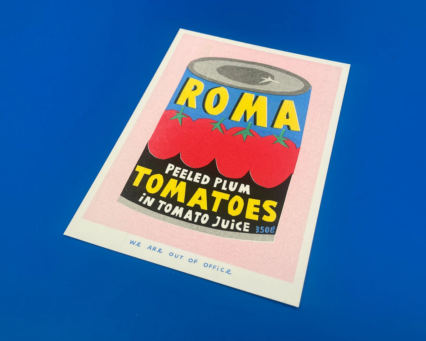 Risograph art print of a colorful Roma plum tomato can by We Are Out Of Office, printed with soy ink on 300g Biotop paper – quirky pop art kitchen wall decor in red, blue, and yellow, ideal for food lovers and design enthusiasts.