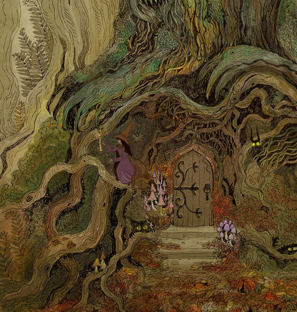 Detailed fantasy illustration by Lena Yampolski titled The Guard, showing a giant tree creature with glowing eyes protecting a wooden door in a forest. Rich earthy colors, roots, branches, mushrooms, and a small figure in purple cloak evoke an enchanted, fairy-tale atmosphere. Giclée fine art print, 23 x 29.2 cm.