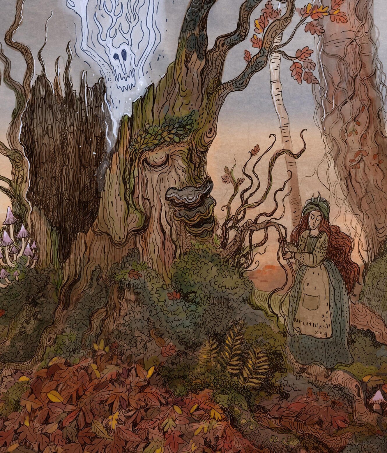 Detailed fantasy forest illustration featuring witches gathered around an ancient tree spirit at twilight, with a ghostly woodland creature and flying witch. Rich earthy colors, folklore-inspired giclée print, vertical wall art for cozy home decor.