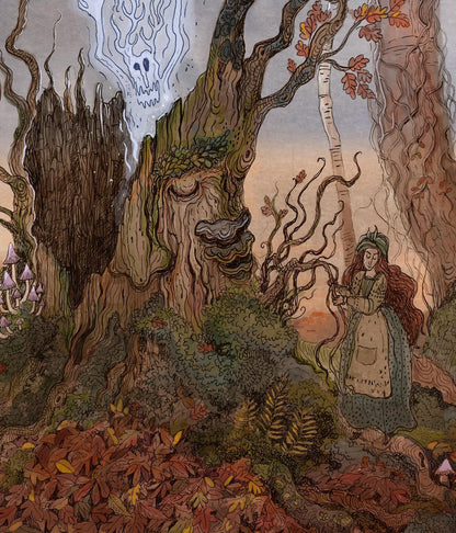 Detailed fantasy forest illustration featuring witches gathered around an ancient tree spirit at twilight, with a ghostly woodland creature and flying witch. Rich earthy colors, folklore-inspired giclée print, vertical wall art for cozy home decor.
