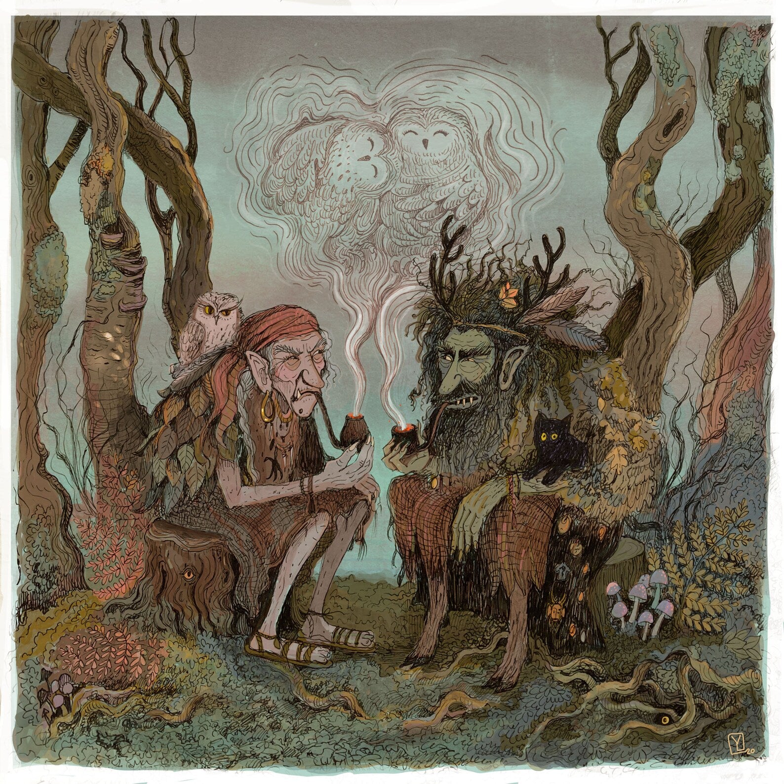 Square giclée print of two folklore forest beings smoking pipes beneath owl-shaped smoke, drawn in muted green, brown and dusty pink tones; detailed storybook wall art for a living room, study or reading nook.