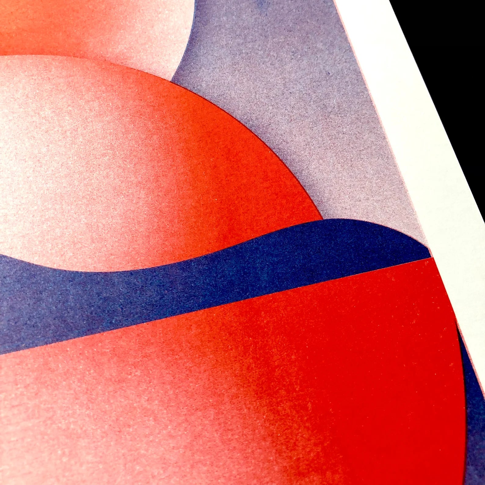 Abstract geometric risograph print by Dutch illustrator PTRVRKD – bold blue and red still life with circular shapes, gradients, and modern minimalist design, printed with eco-friendly soy inks on 250 gsm Biotop paper, handmade in the Netherlands – ideal contemporary wall art for design enthusiasts.